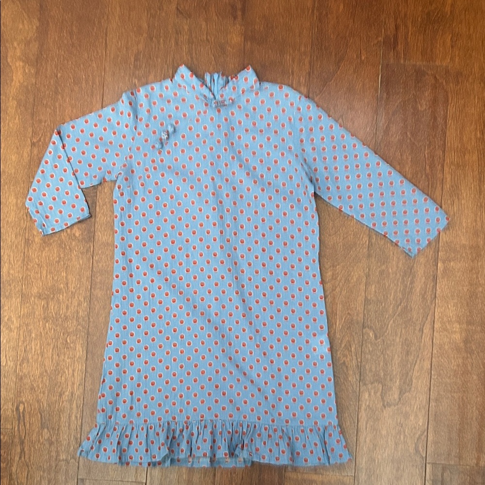 Chou-Chou Chic Qipao Blue Dress with Red Dots and Ruffle Trim, Size 7/8 (130)